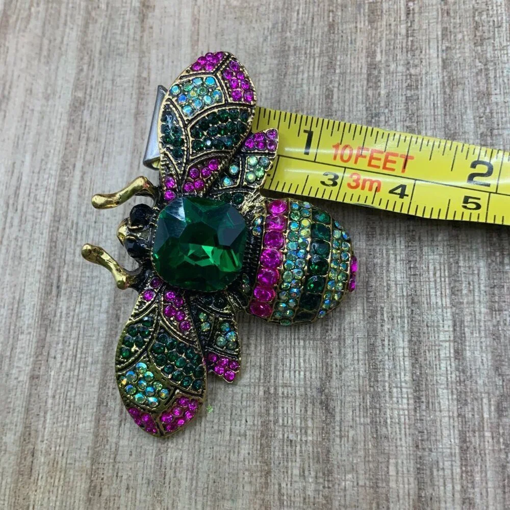 Bubble Bee Insect Green Pink Crystal Gold Tone Brooch